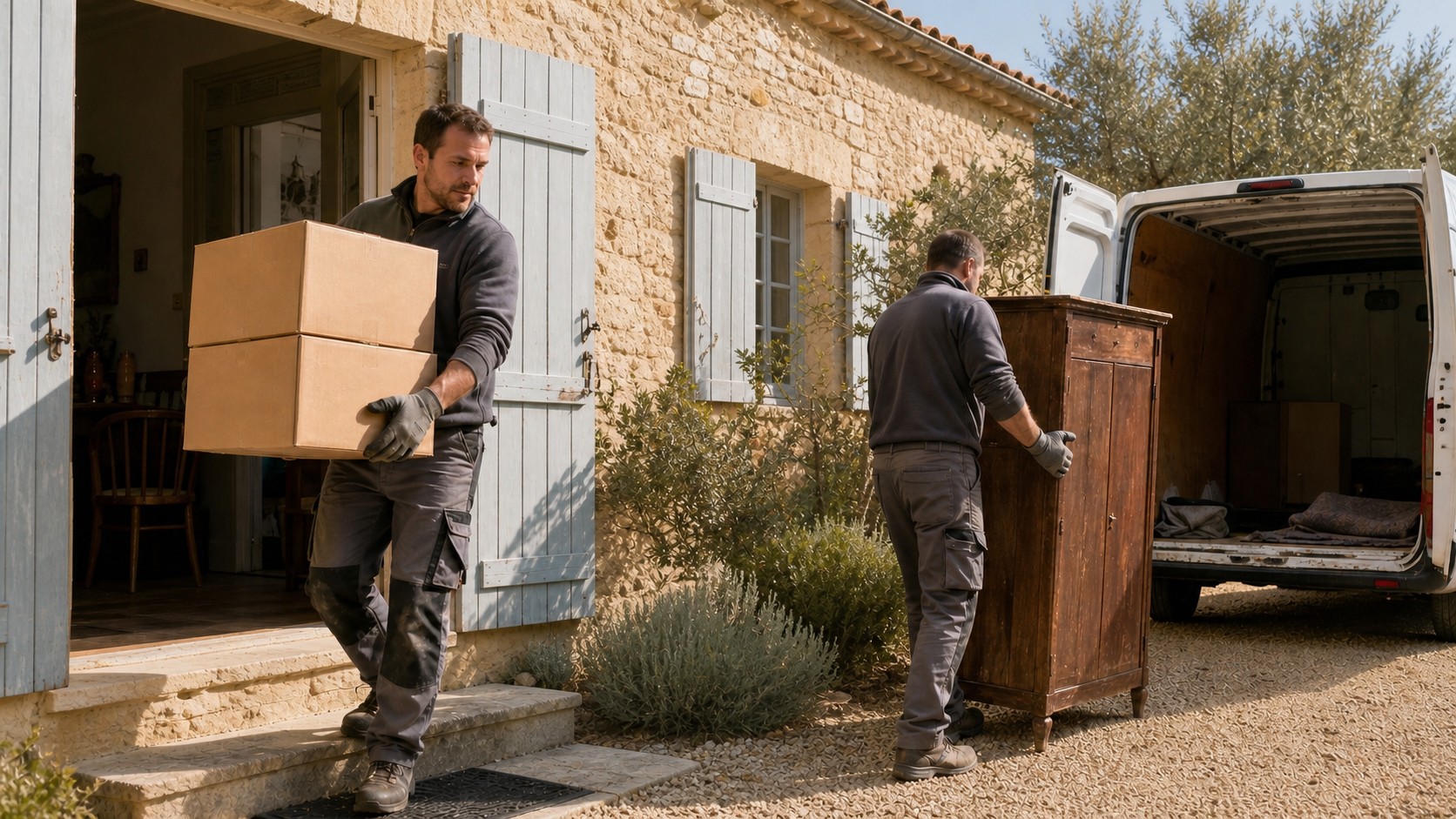 Deux techniciens sortent des cartons et une armoire ancienne d'une maison vers un camion lors d'un debarras